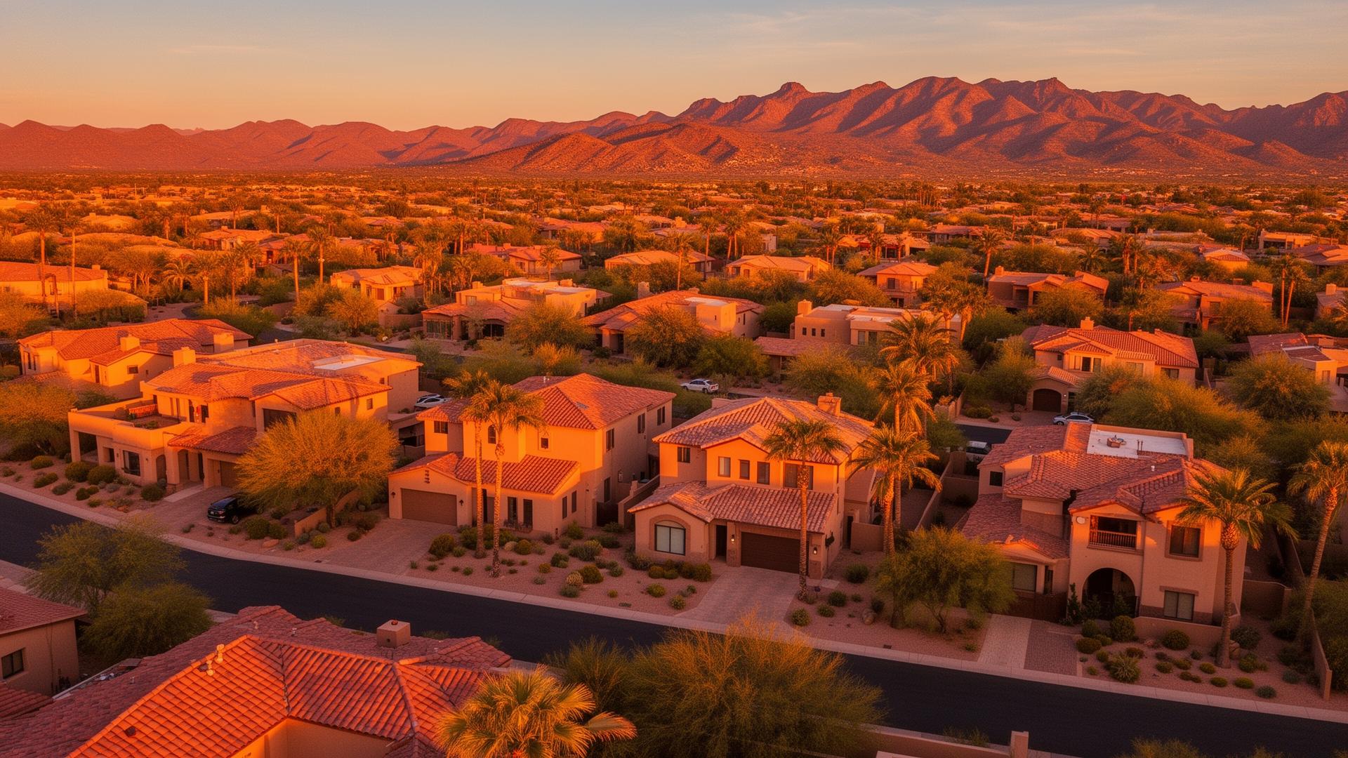 Aerial view of a Southwest suburban neighborhood at sunset